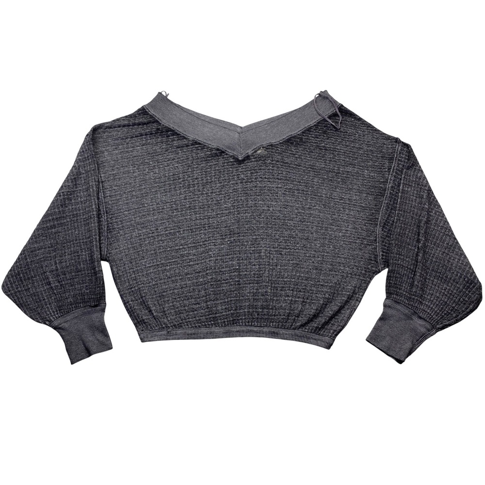 We The Free Free People Gray Thermal Knit‎ V-Neck Crop Top XS Cottagecore Boho